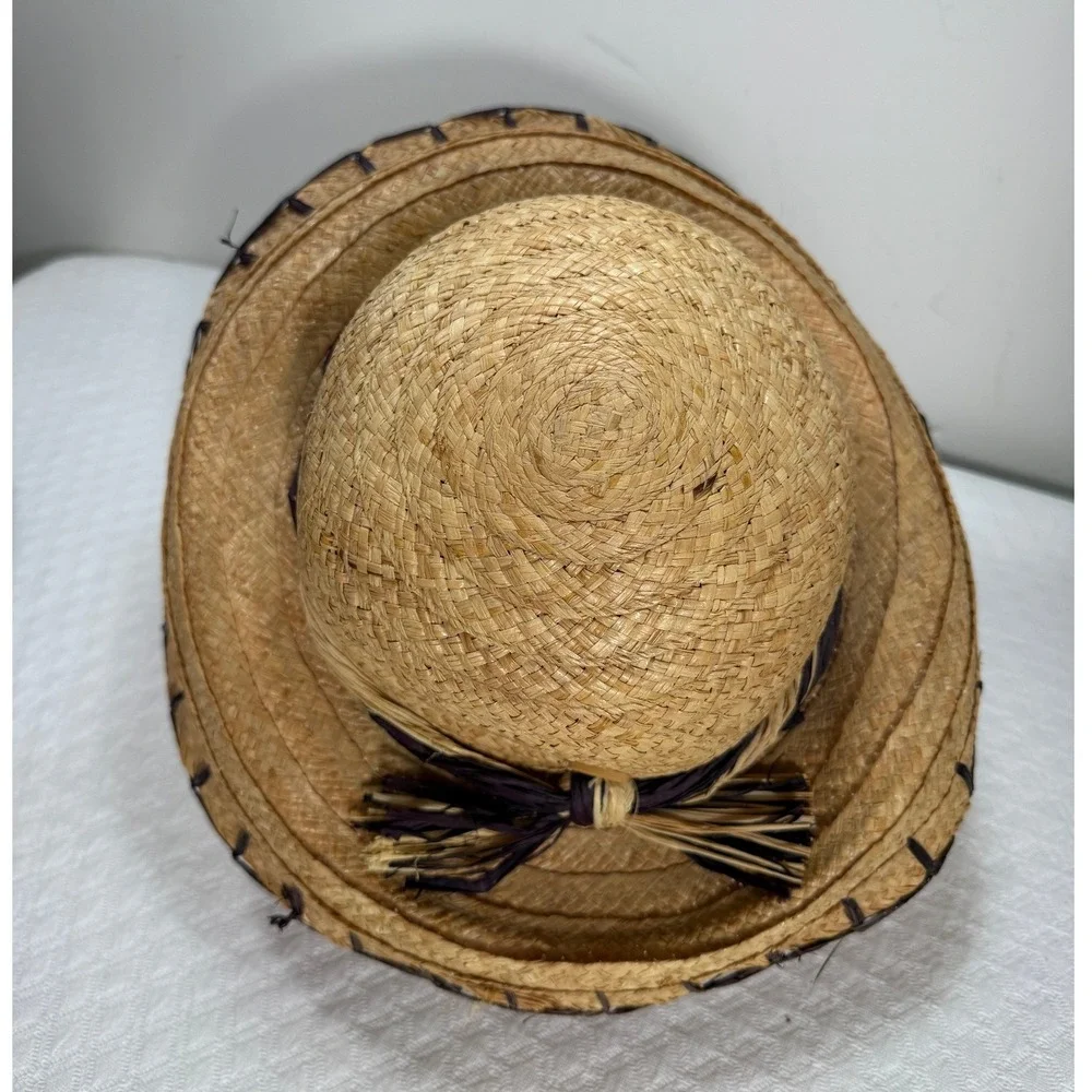 Liz Claiborne Women Natural Straw Sun Hat Wide Brim Whipstitch Detail Tan Brown